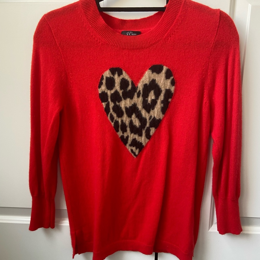Jcrew Cashmere Leopard Heart Crewneck Sweater